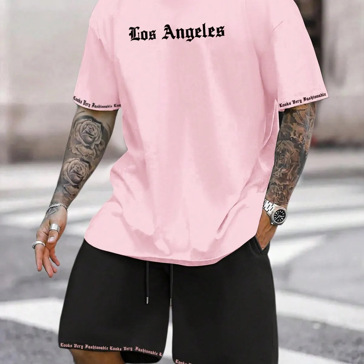 Men's sports style short-sleeved shirt and shorts set in polyester blend fabric