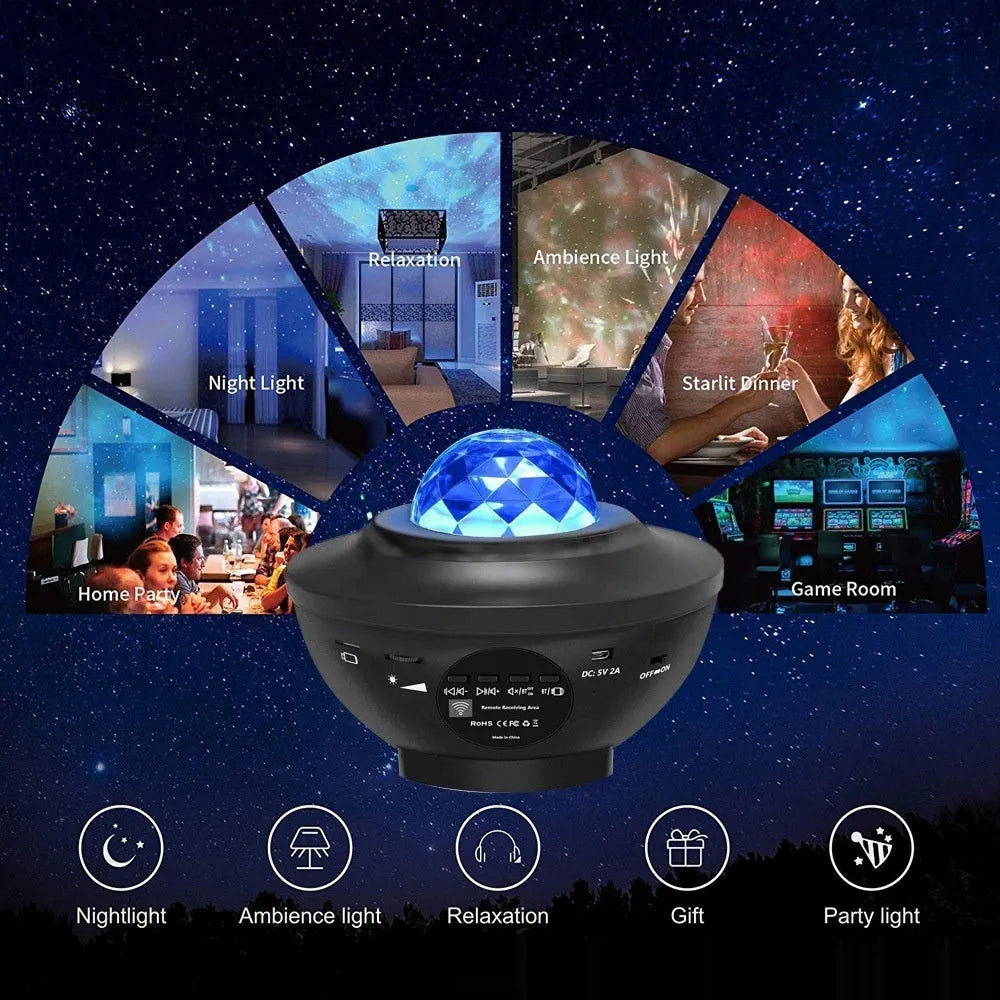 Black-parallel star projection lamp with rotating water ripple laser effects on desktop