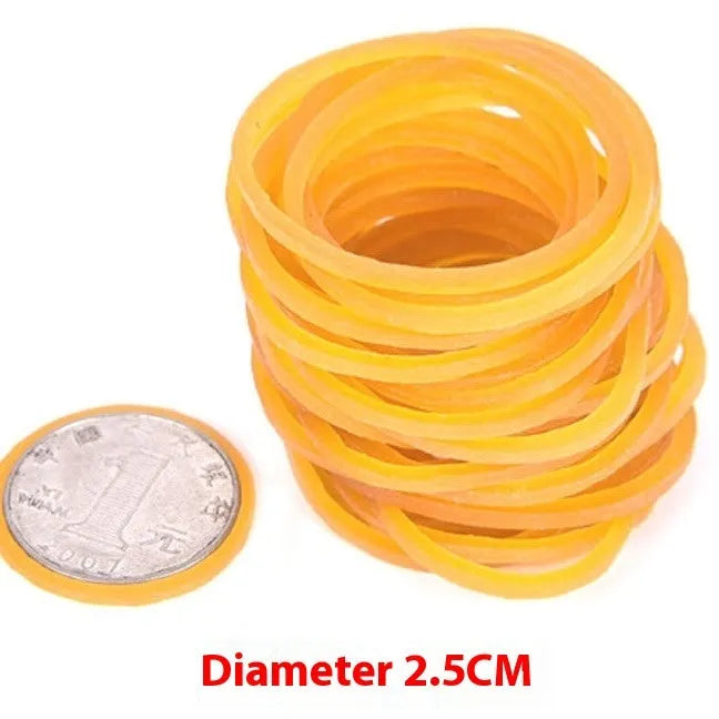 500g pack of assorted yellow rubber bands showing sizes from 16mm to 70mm diameter.