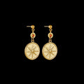 Three pairs of geometric stainless steel earrings: star, eye, and shell sun designs.