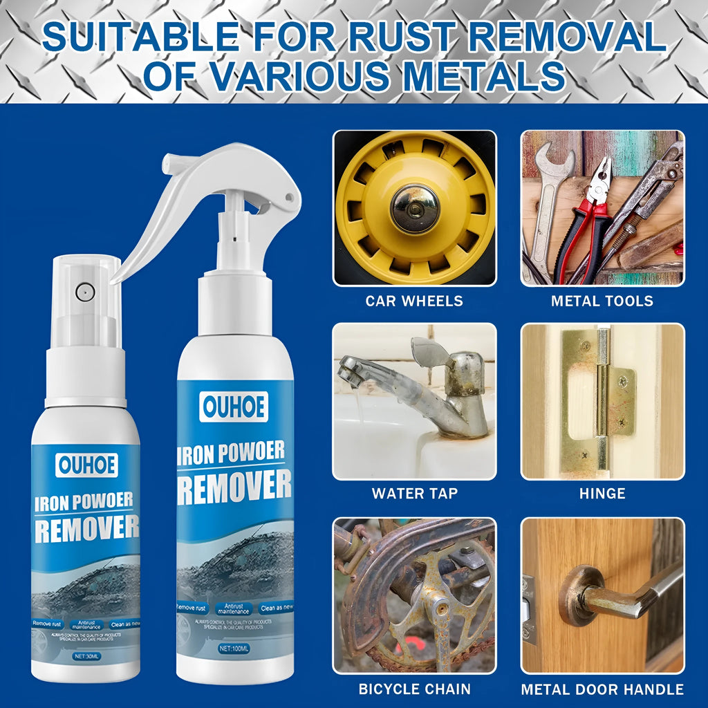 Automotive iron powder rust spray with blue square sponge and towel applicators in 30ml and 100ml sizes
