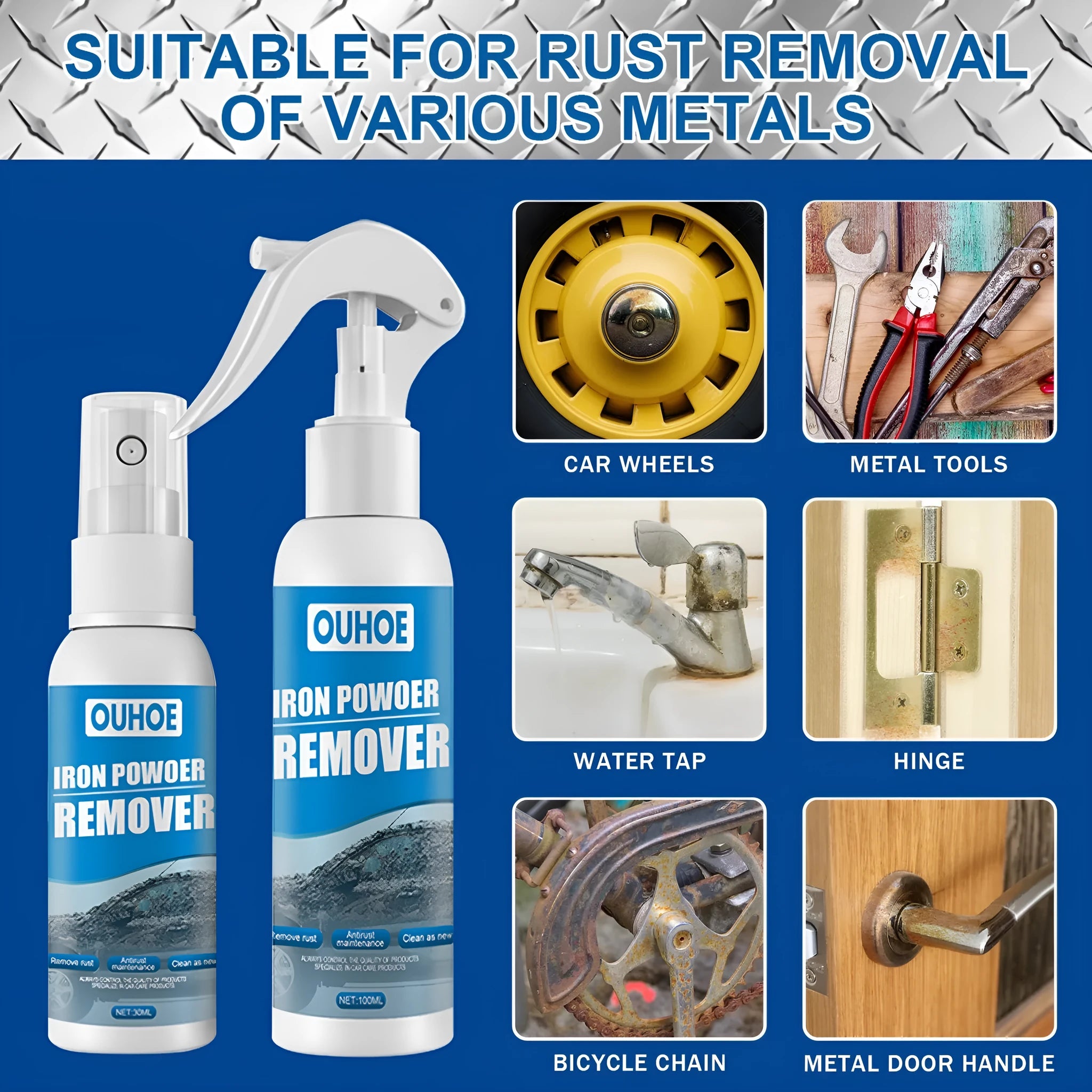 Automotive iron powder rust spray with blue square sponge and towel applicators in 30ml and 100ml sizes