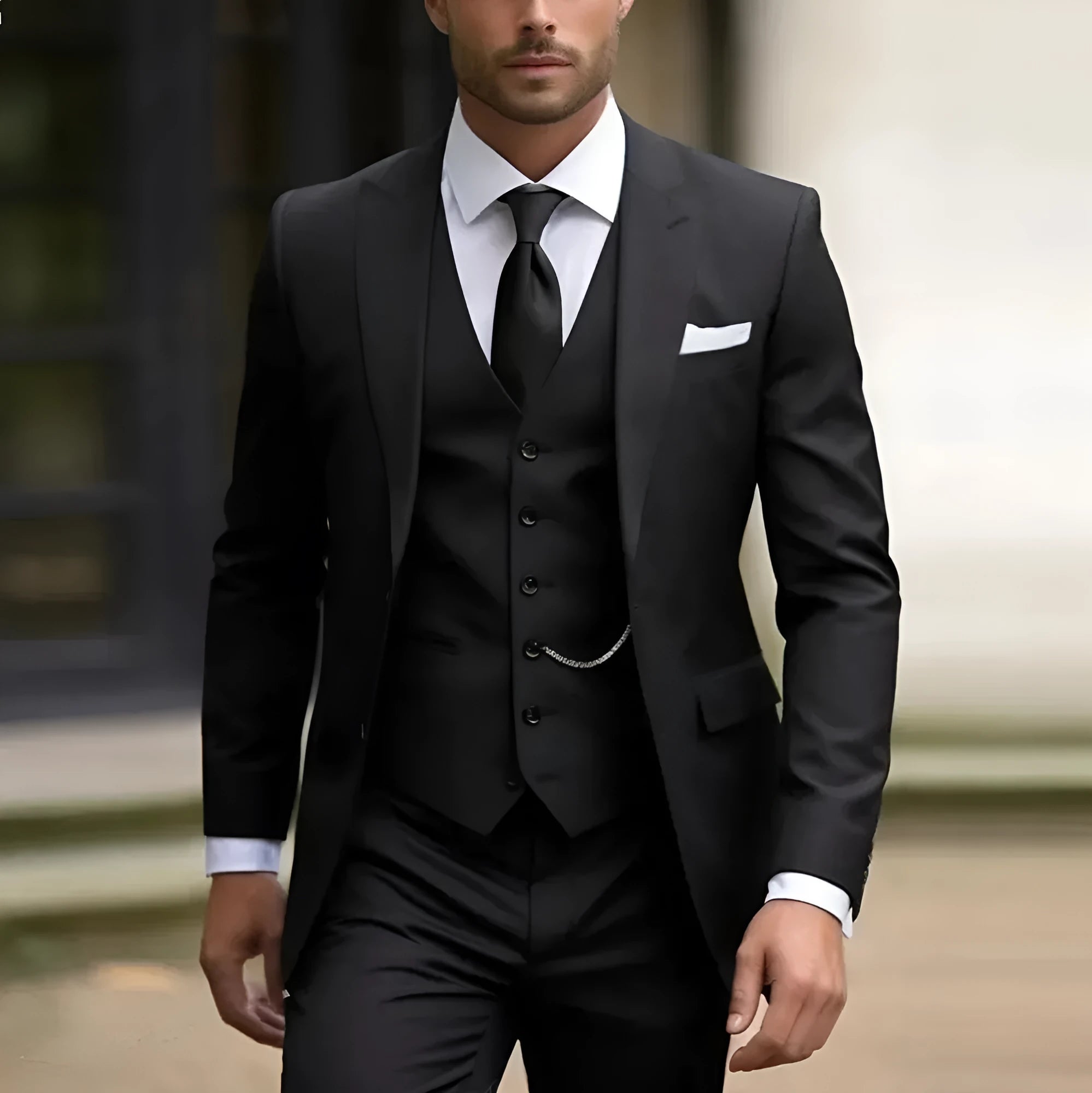 Men's slim fit three-piece business suit in chemical fibre blend polyester fabric