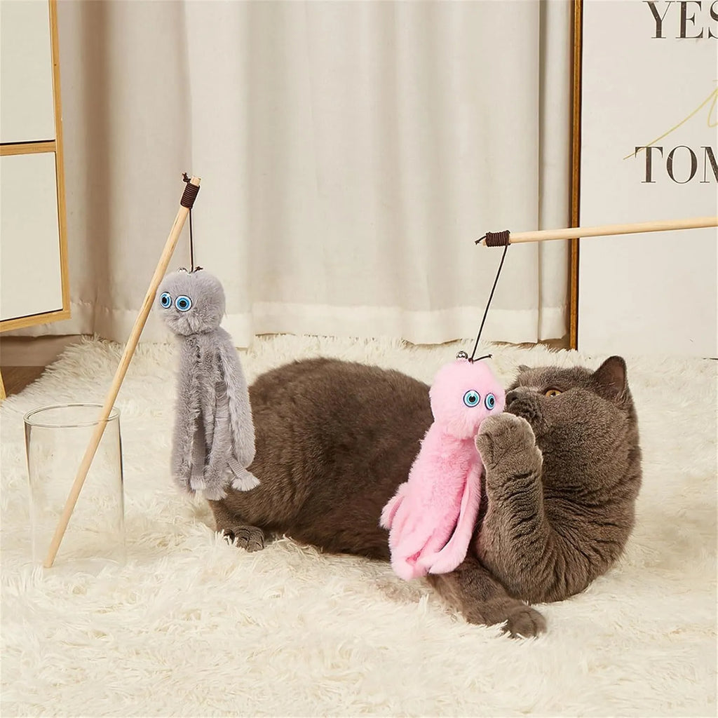 Octopus-themed cat toy on a long stick with bright colours, for interactive indoor play with kittens.