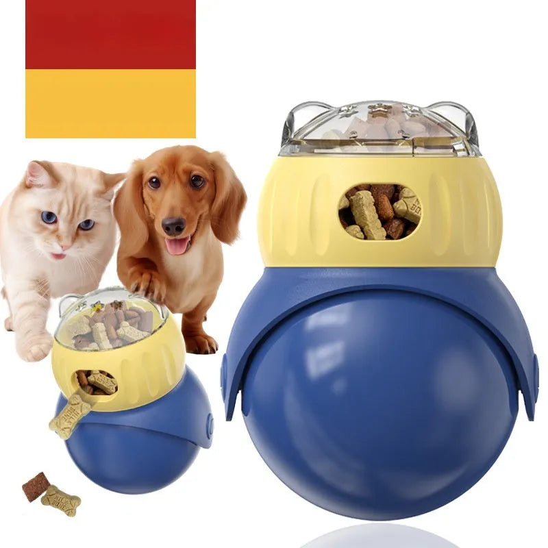 Morandi yellow and blue plastic owl-shaped cat puzzle feeder toy for slow feeding.