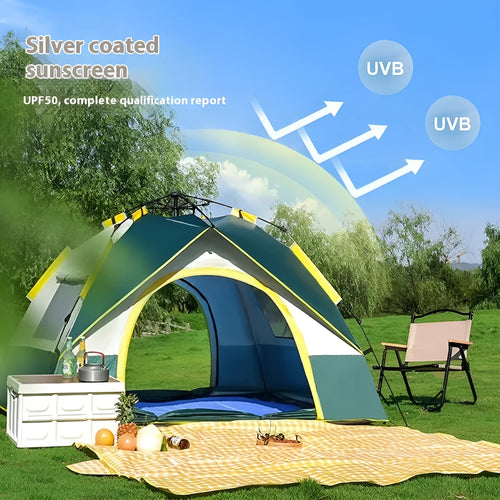 Dark green automatic pop-up camping tent for 3-4 people with quick-open frame