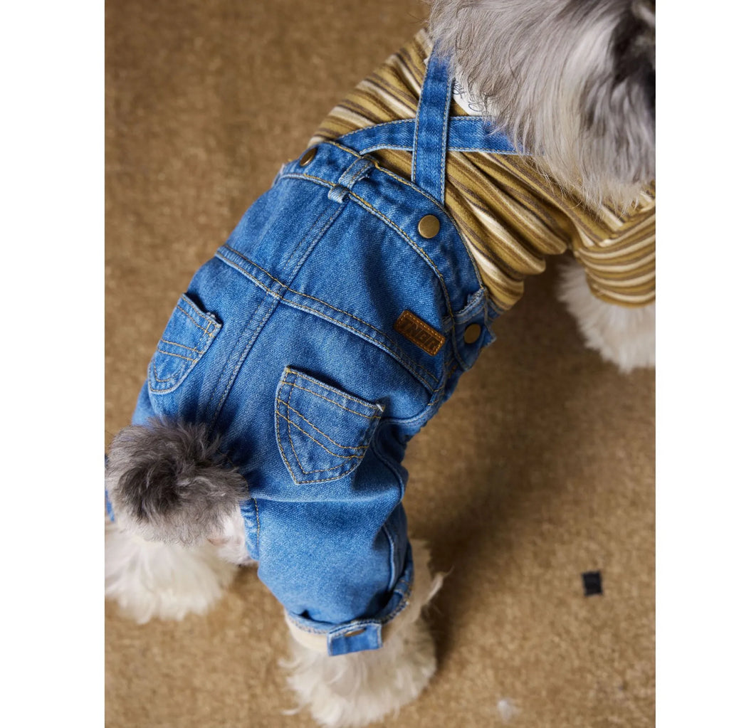 Denim blue fleece-lined thickened dog jeans for autumn winter pet wear with polar fleece interior