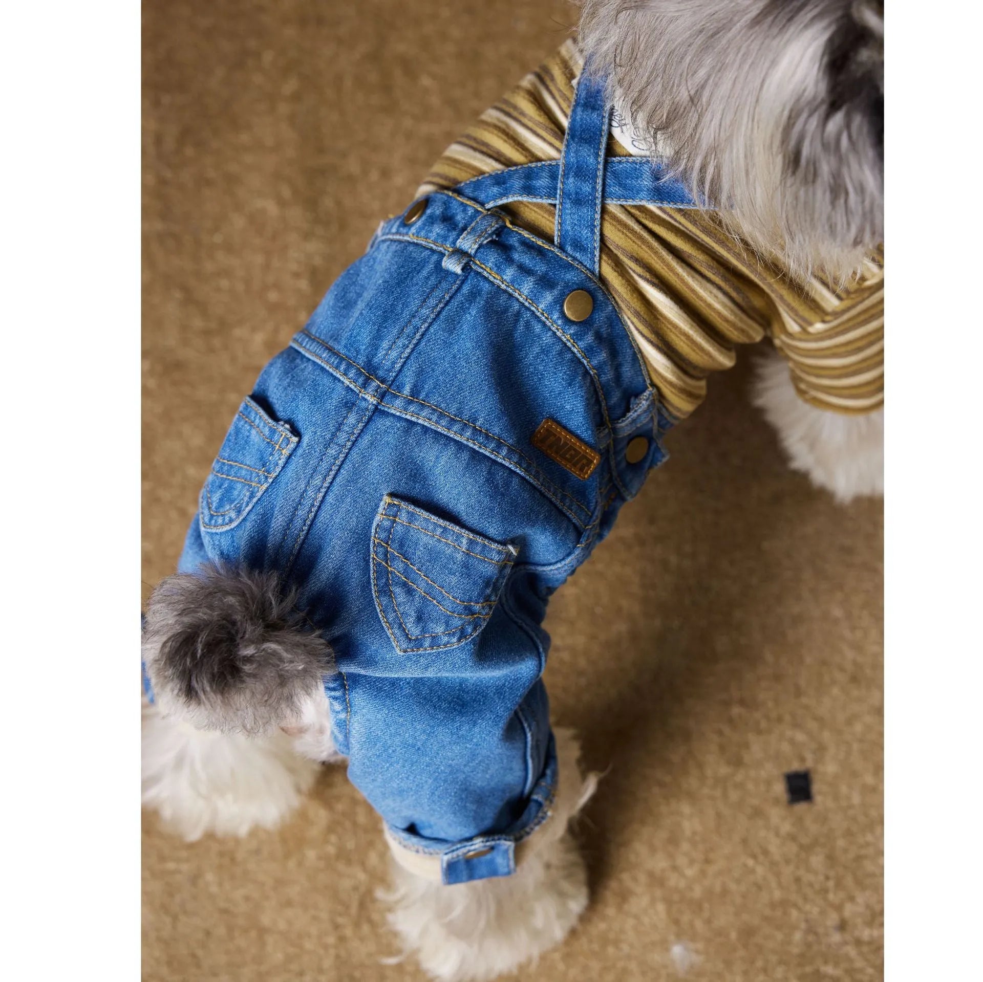 Denim blue fleece-lined thickened dog jeans for autumn winter pet wear with polar fleece interior