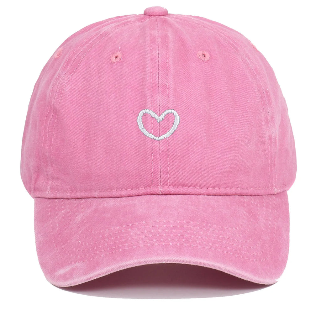 Retro style baseball cap with small love embroidery on cotton fabric in an adjustable dome crown design.