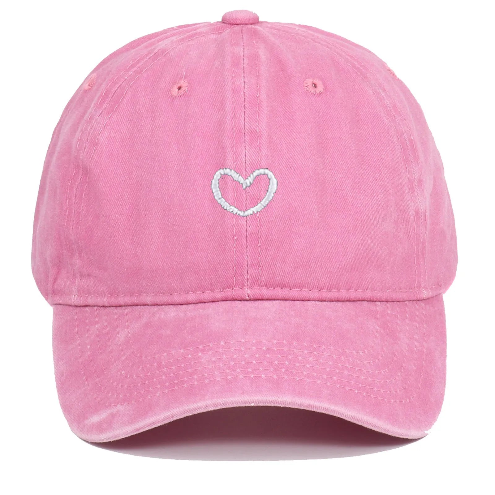 Retro style baseball cap with small love embroidery on cotton fabric in an adjustable dome crown design.