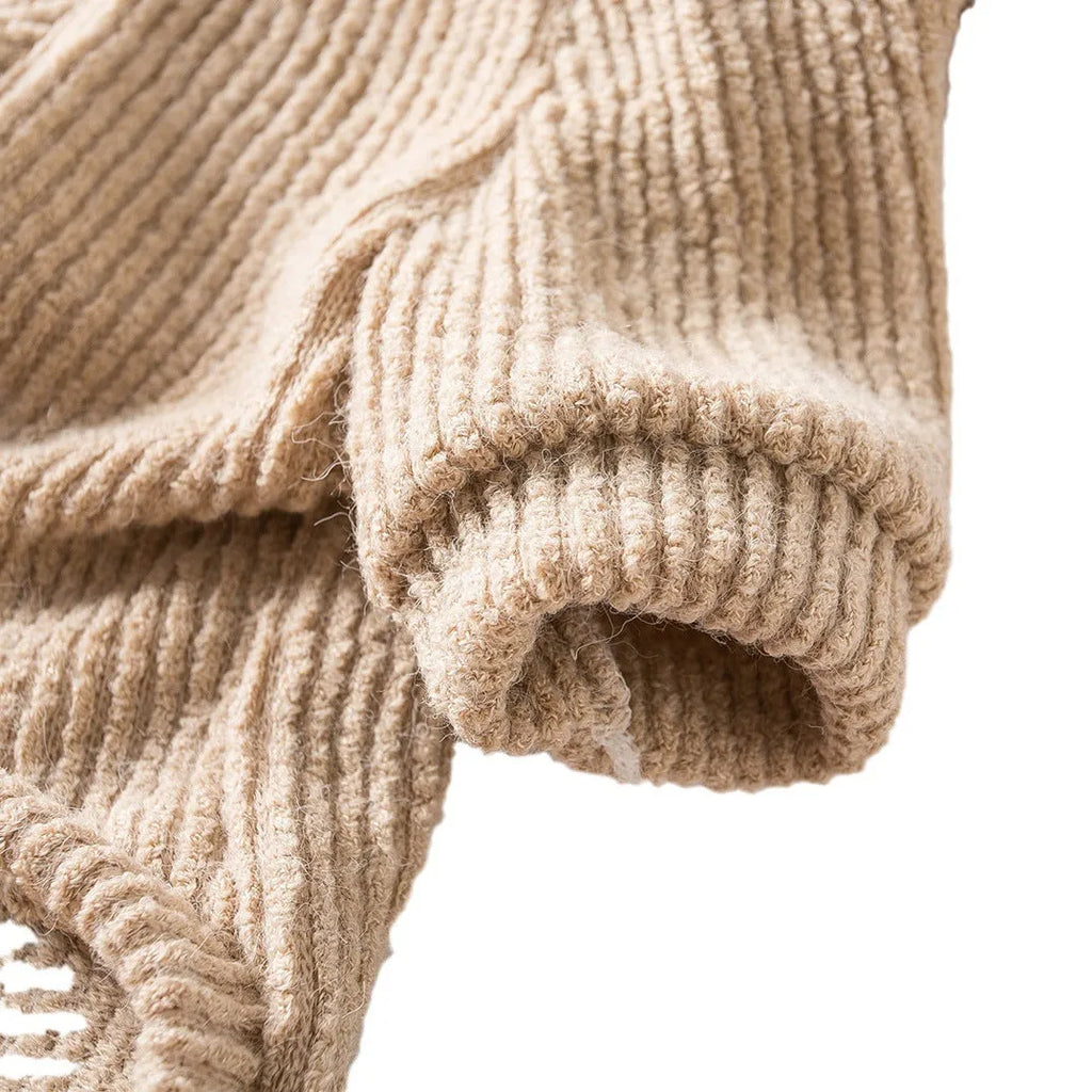 Brown casual cloth sweater for a small dog on a mannequin, showing size range XS to XL.