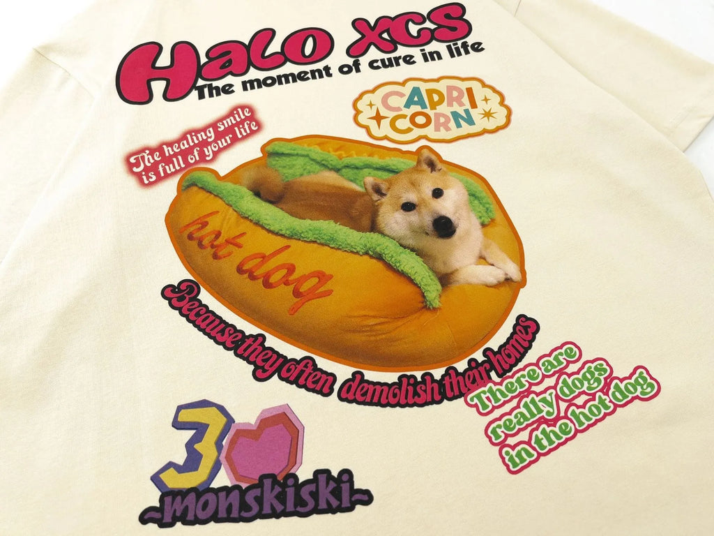 Cartoon hamburger dog printed cotton t-shirt in loose style with short sleeves