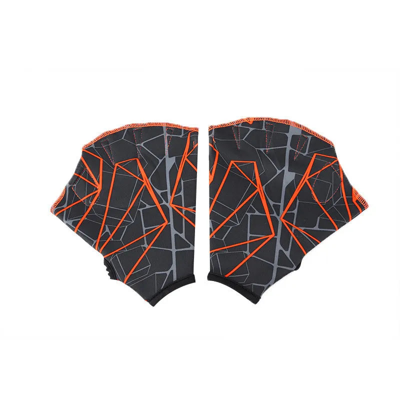 Webbed duck feet swimming gloves in nylon material showing colour variations and sizing options