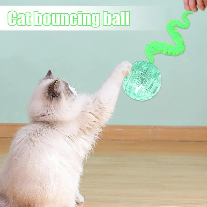 Interactive bouncing cat toy with plush worm tail in green, pink, or purple colour options