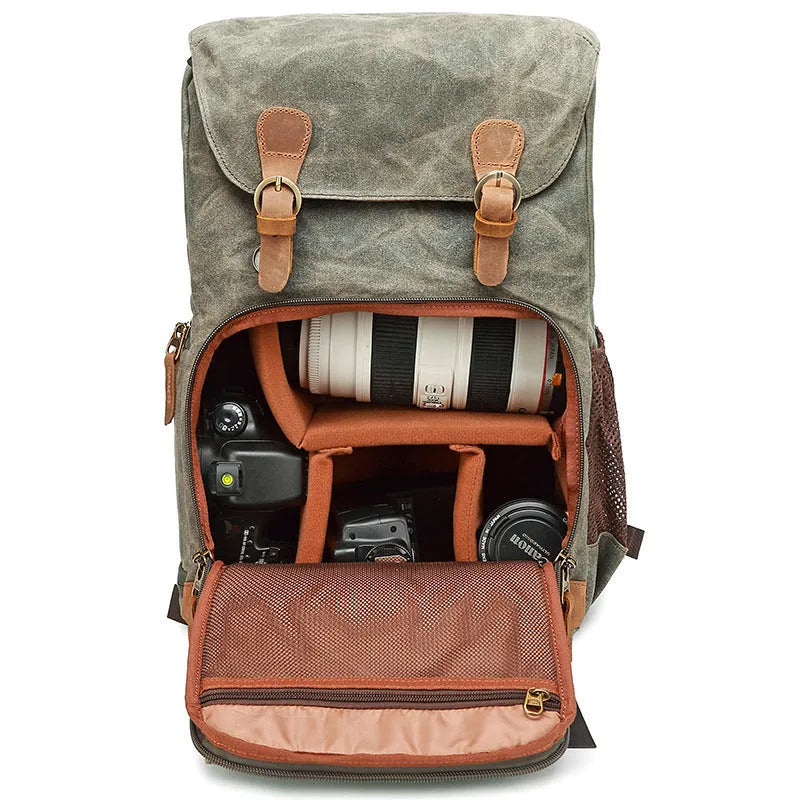 Canvas DSLR camera bag backpack in khaki, grey black, or army green.