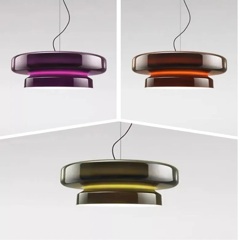 Modern glass chandelier with minimalist design in 36cm dimensions showing light colour options