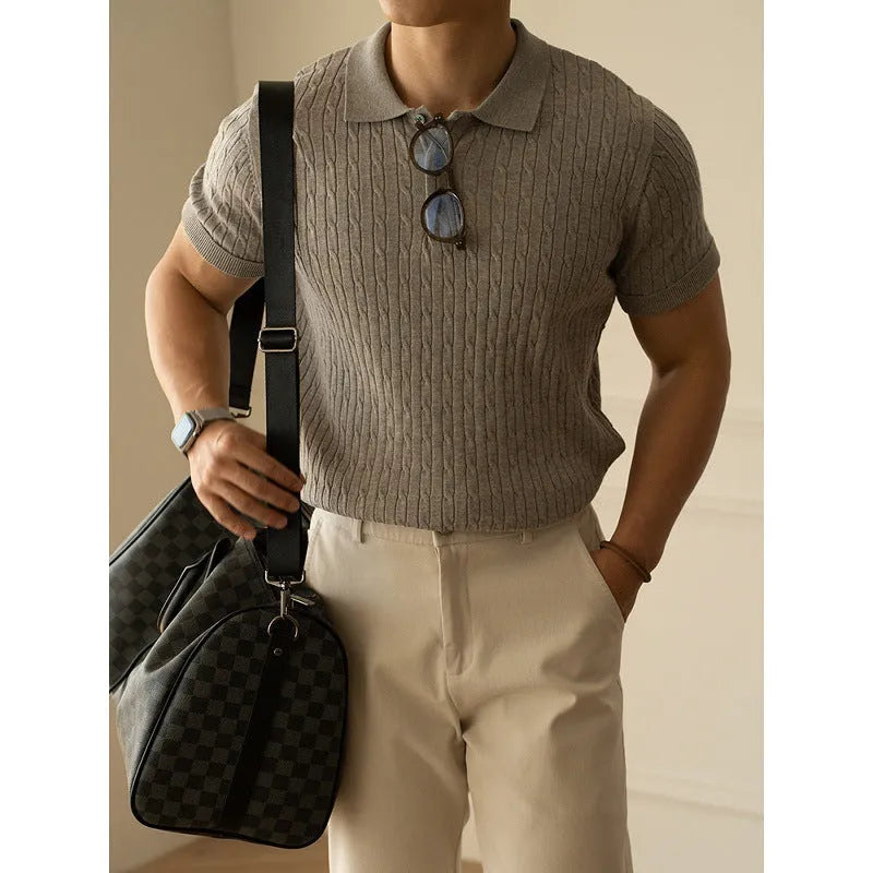 Men's khaki short sleeve business top with polyester nylon acrylic wool fabric blend for office commute wear