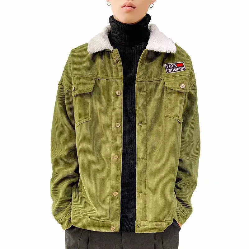 Men's loose fit corduroy workwear jacket in khaki colour with size stick pockets.