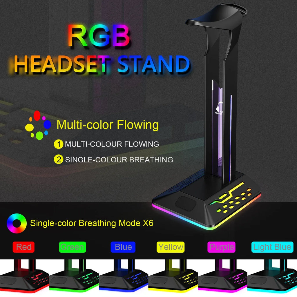 RGB headset display rack with dual USB charging ports and colour-changing acrylic side panels