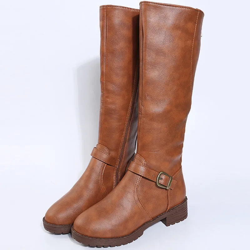 Yellow women's high-knee knight boots with a square heel, round toe, and a decorative buckle on the shaft.