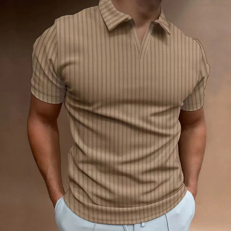 Men's striped V-neck polo shirt in high elastic cotton blend fabric for summer sports wear