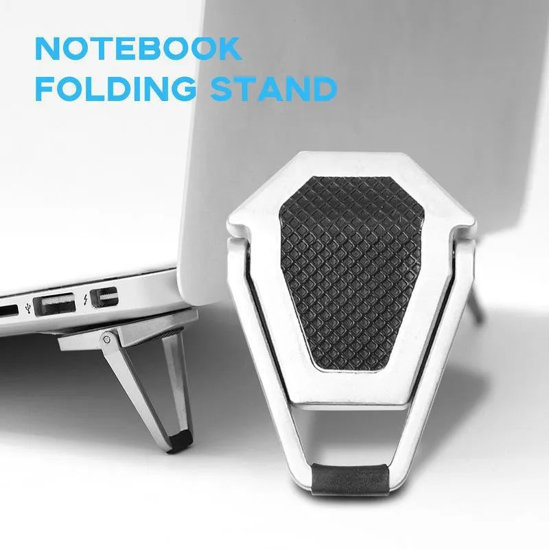 Aluminium alloy foldable laptop bracket showing compact folded size and silver colour