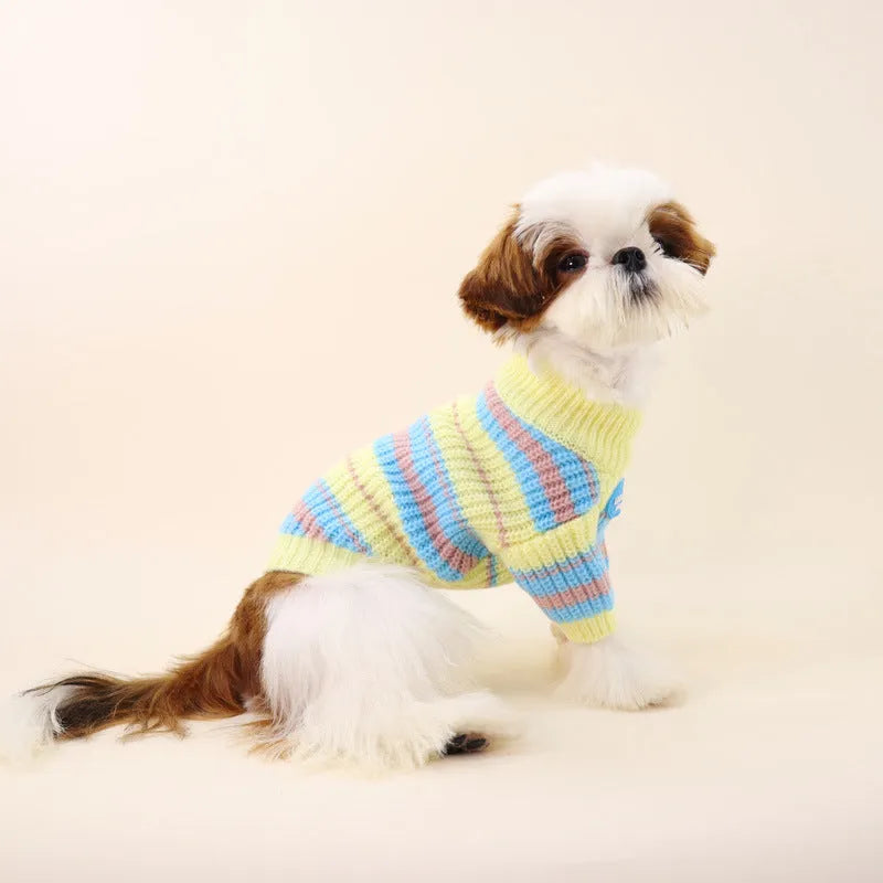 Blue and yellow striped wool dog sweater for small breeds like Schnauzer and Bichon