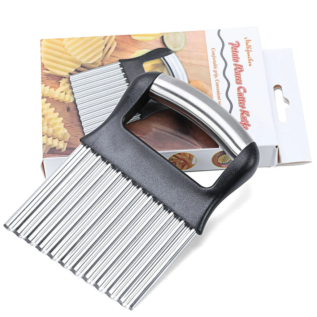 Stainless steel potato wave knife for cutting crinkle chips, shown in black colour.