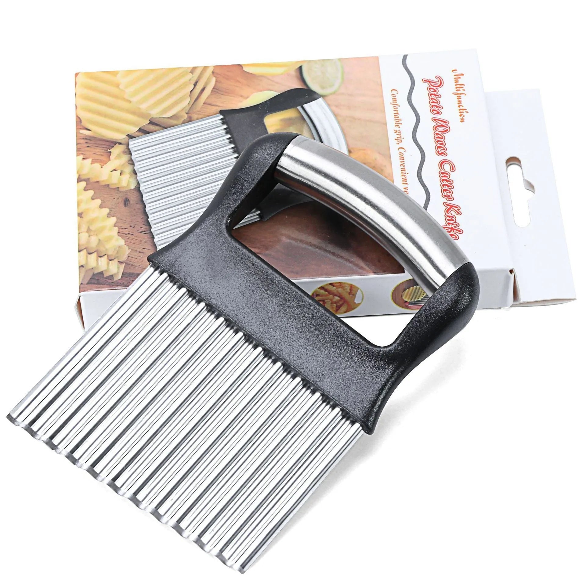 Stainless steel potato wave knife for cutting crinkle chips, shown in black colour.