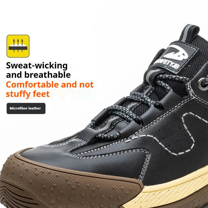 Flyknit safety work shoes with leather upper and rubber sole in black, khaki, gray, or insulated brown options