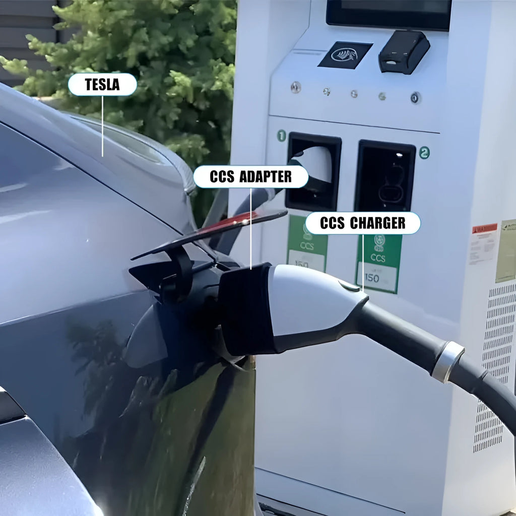 Black Tesla charging plug conversion adapter showing connection pins and dustproof housing