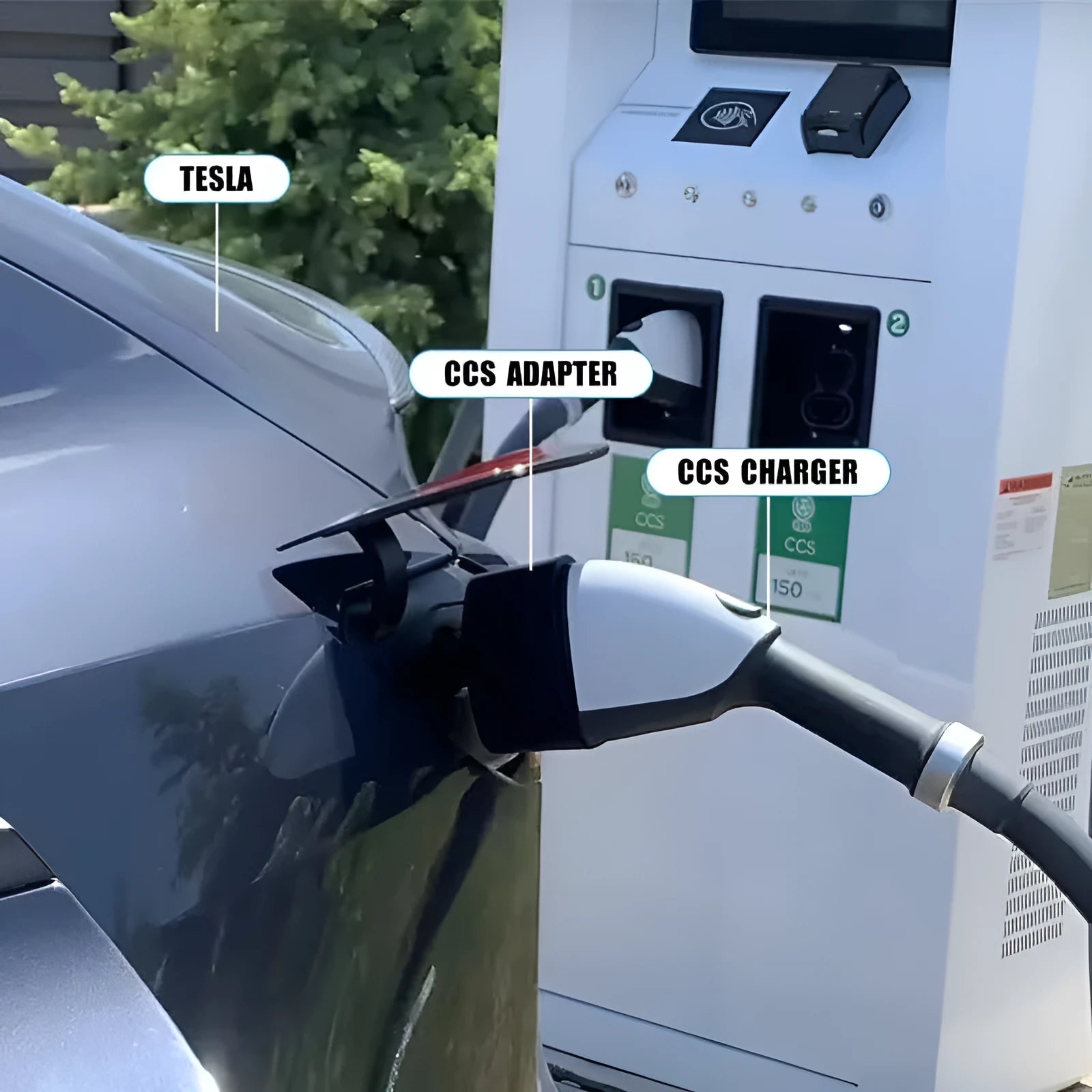 Black Tesla charging plug conversion adapter showing connection pins and dustproof housing