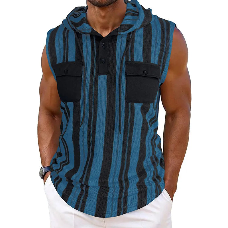 Men’s striped sleeveless hooded vest in black and white stripes, polyester fabric, front pockets