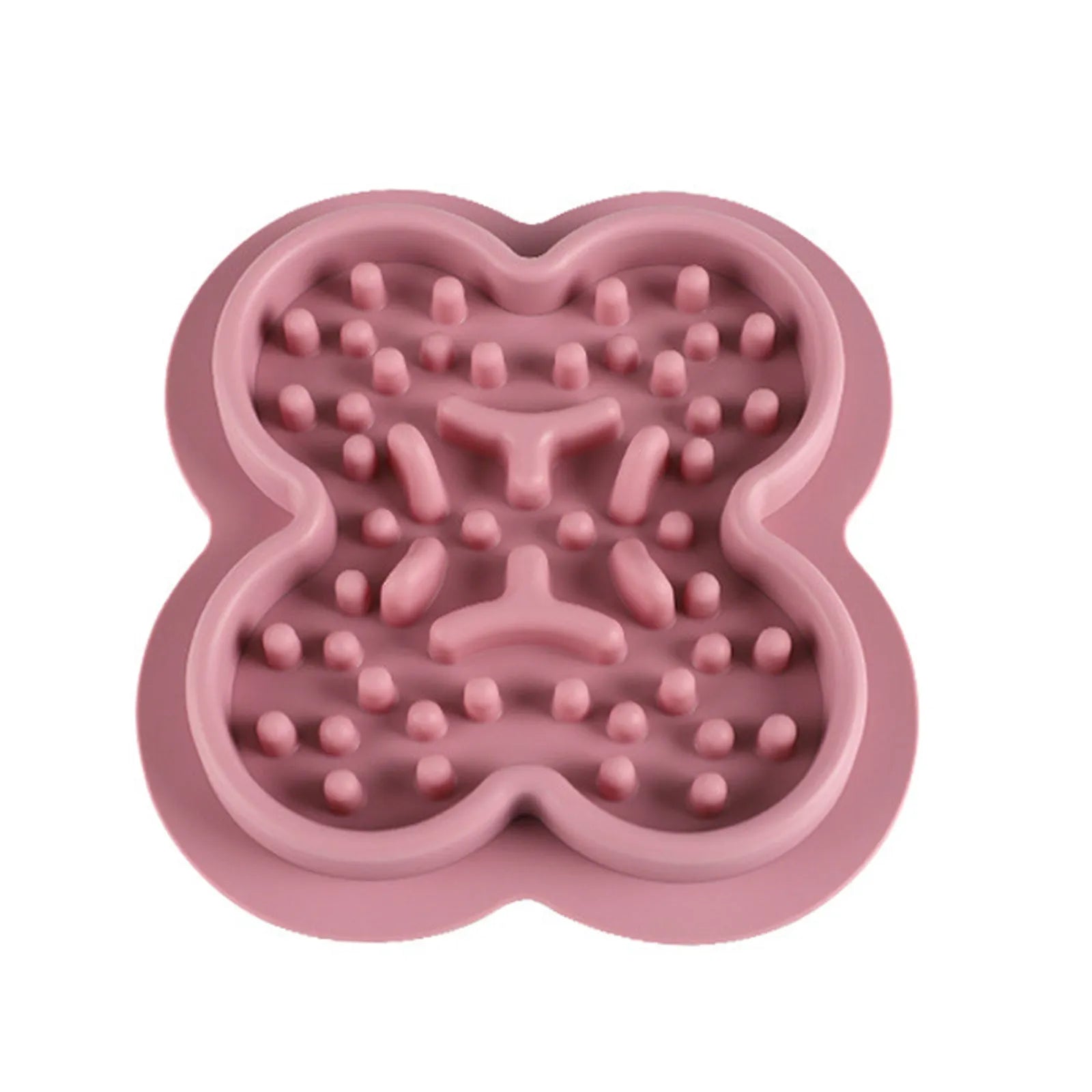 Silicone pet slow feeder licking mat with raised edges in assorted colours on a kitchen floor.