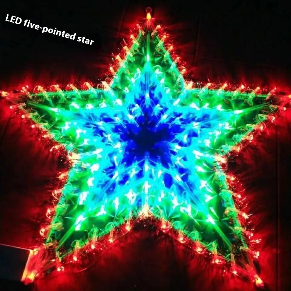 Outdoor festive string lights showing peacock, love heart, sunflower, and star shapes.