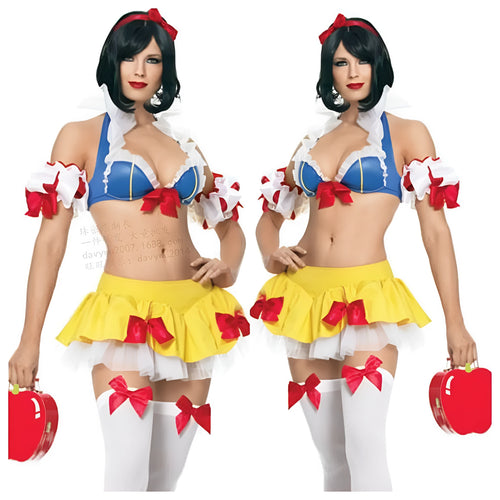 Snow White anime Halloween cosplay costume set with headwear, top, short skirt, and hand sleeves.
