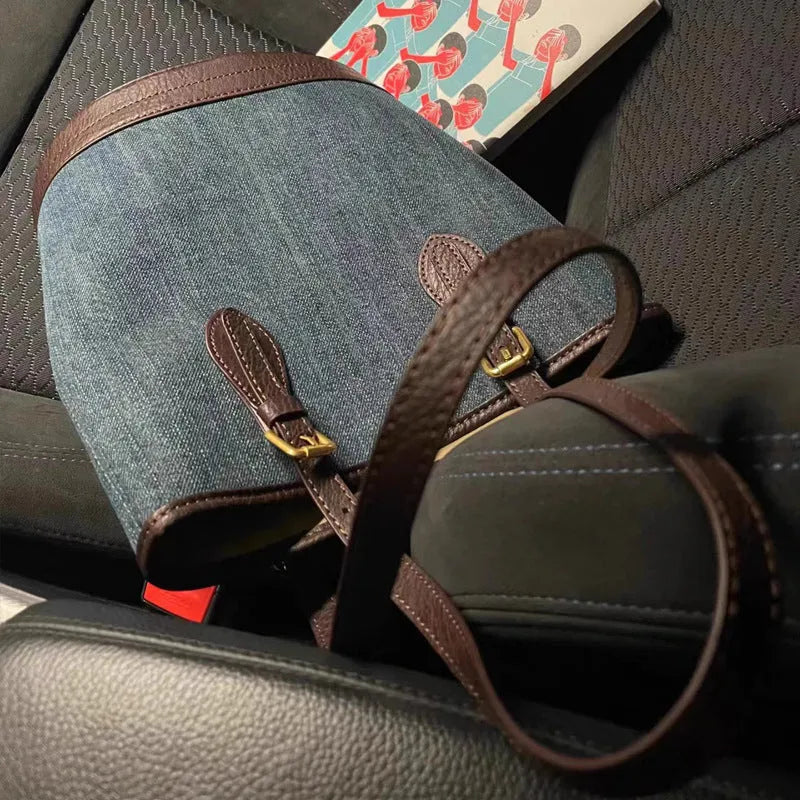 Denim patchwork style large capacity bucket handbag with one shoulder strap