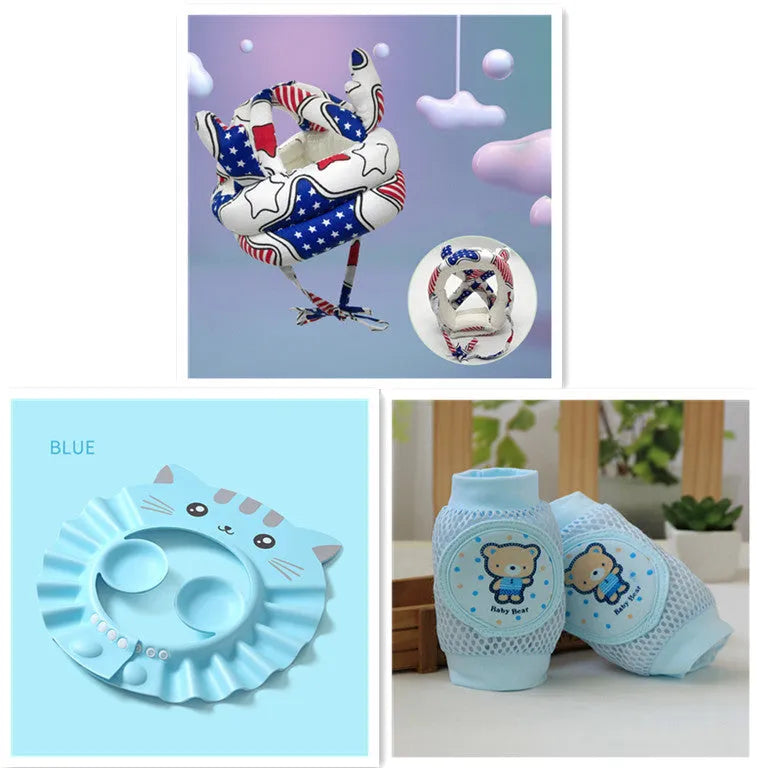 Waterproof adjustable baby shower cap with ear protection in blue, showing cartoon pattern