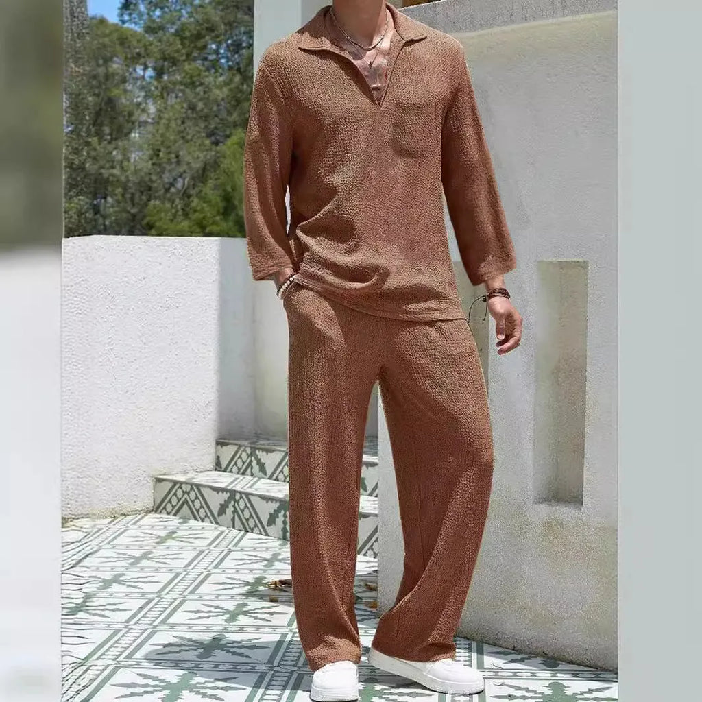 Men's casual shirt and trousers commuter suit set in polyester, shown in lake blue colour