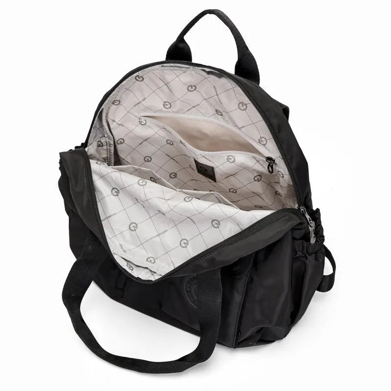 Large capacity nylon outdoor backpack with sandwich pocket design in black colour option