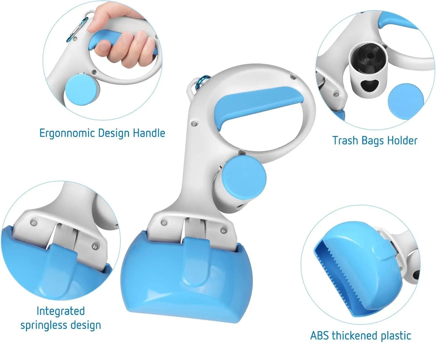 Heavy-duty ABS plastic pet pooper scooper with built-in trash bag holder and top carrying hook.