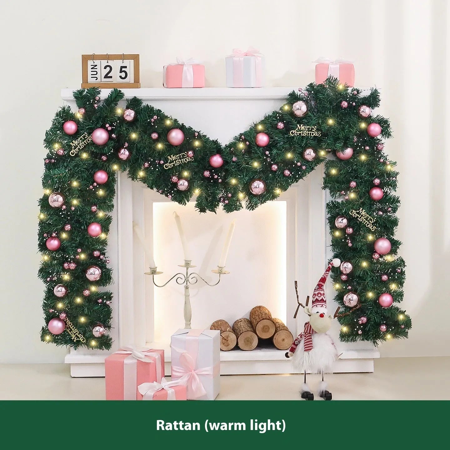 A 2.7-metre long pink Christmas rattan decoration with 240 small decorative heads, styled in a South Korea aesthetic.