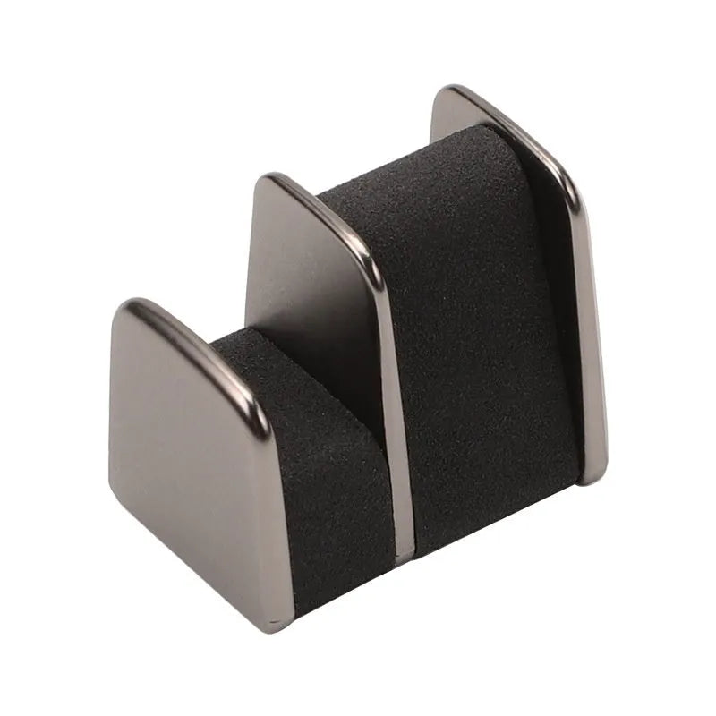 Zinc alloy and leather sunglasses clip for car dashboard in green, black, grey, or red.