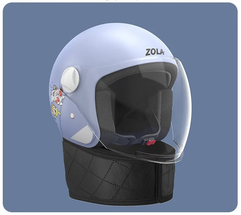 Blue electric bike helmet with attached winter scarf and a clear anti-fog visor