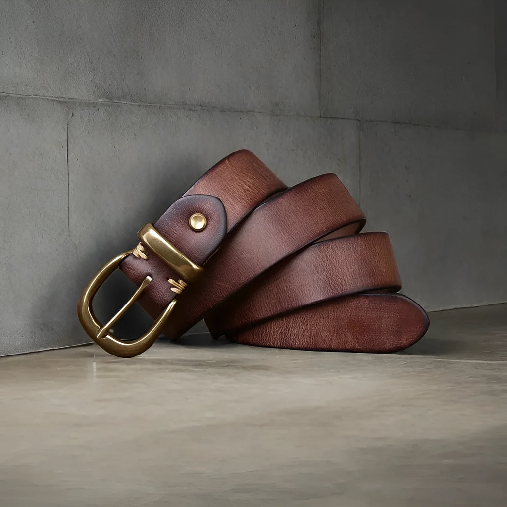 Men's casual cowhide leather belt with a copper buckle in black, brown or khaki.