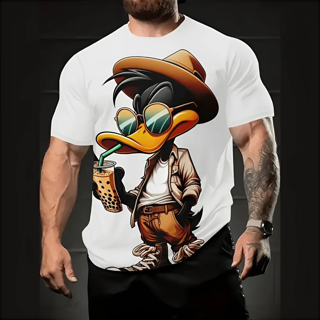 Men's loose-fit short sleeve shirt with a colourful 3D cartoon print on milk silk linen fabric.