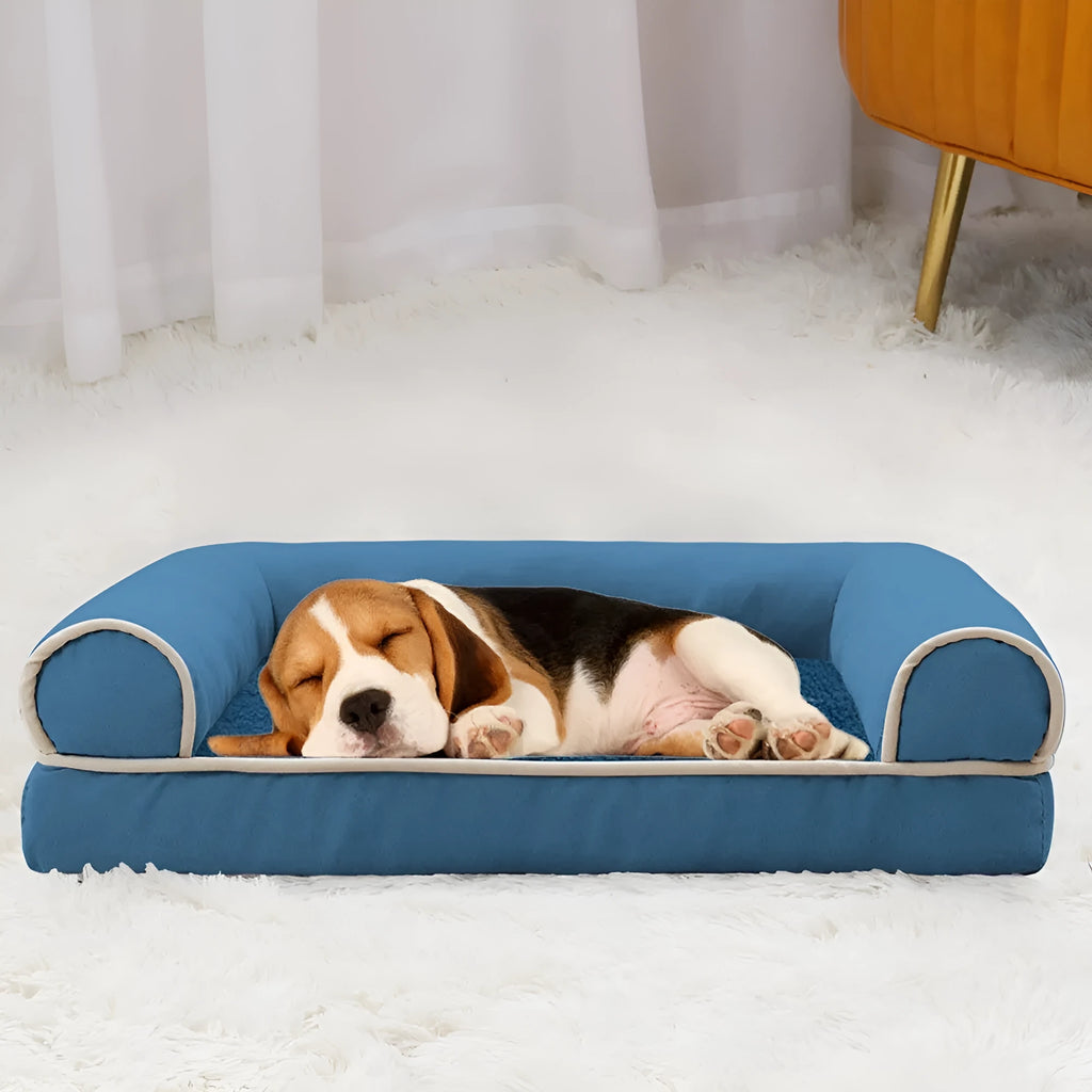 Square cloth dog bed with breathable sponge cushion in blue, shown with size options.