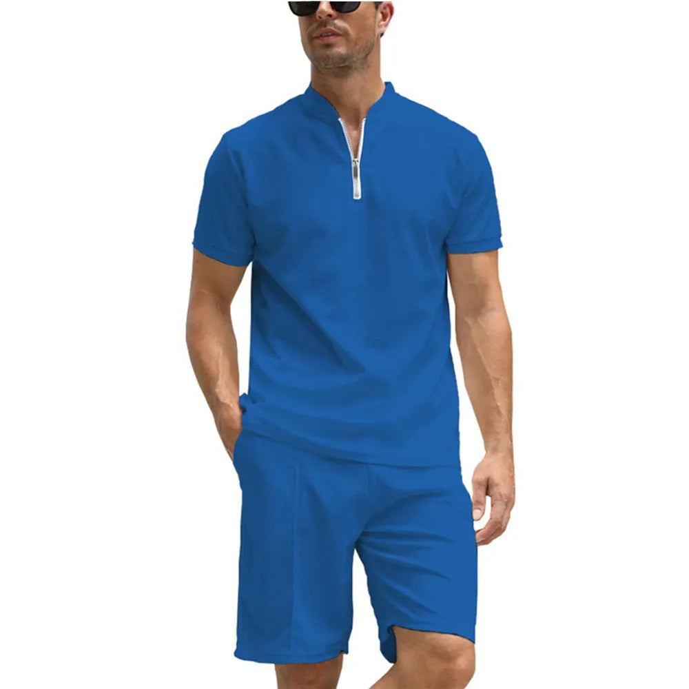 Men's solid colour polo shirt and shorts two-piece set in textured polyester fabric