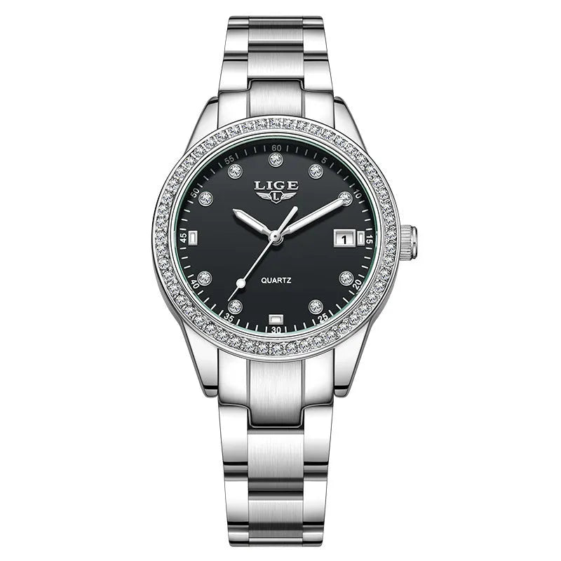 Silver fashion watch with diamond dial, luminous hands, and stainless steel case.