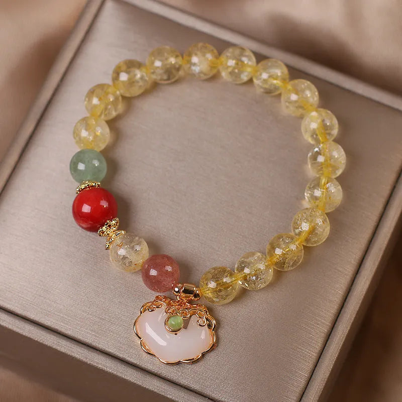 Women's natural citrine jade ruyi pendant bracelet with yellow crystal stone and adjustable alloy clasp
